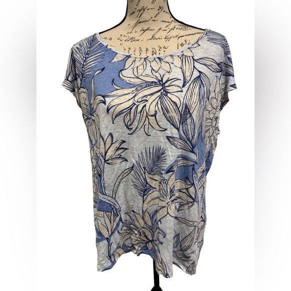 HALSTON 100% Linen Slub Knit Button back Tee Size XL Blue Floral Print - Picture 3 of 12